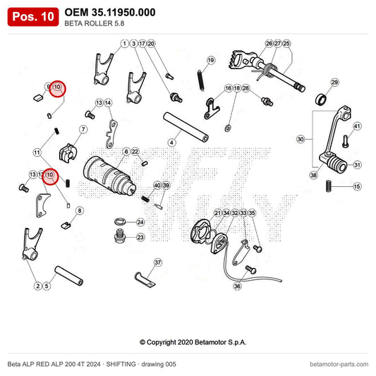 BETA ROLLER 5.8 – OEM 35.11950.000, position 10 on the Beta ALP RED ALP 200 4T 2024 shifting drawing