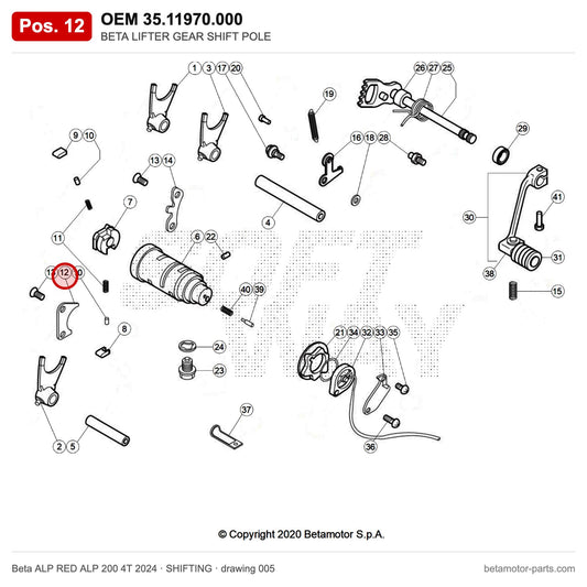 BETA LIFTER GEAR SHIFT POLE – OEM 35.11970.000, position 12 on the Beta ALP RED ALP 200 4T 2024 shifting drawing