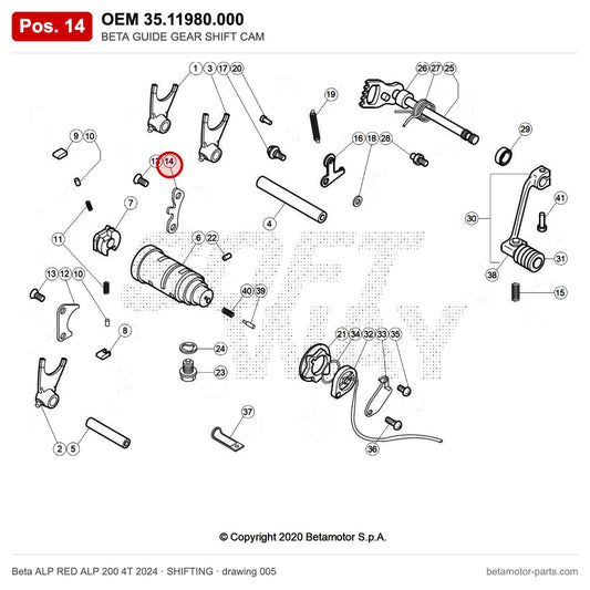 BETA GUIDE GEAR SHIFT CAM – OEM 35.11980.000, position 14 on the Beta ALP RED ALP 200 4T 2024 shifting drawing