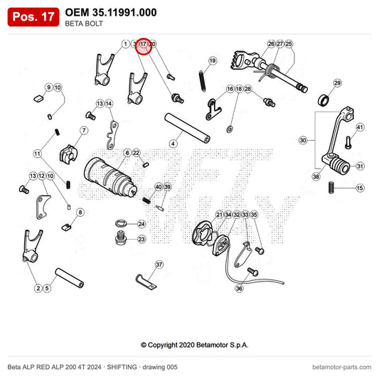 BETA BOLT – OEM 35.11991.000, position 17 on the Beta ALP RED ALP 200 4T 2024 shifting drawing