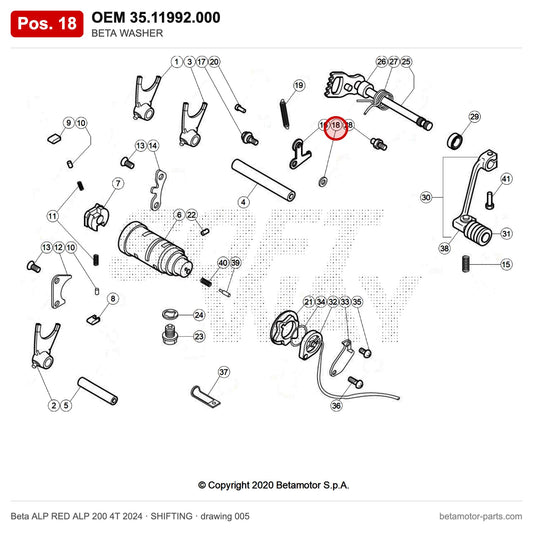 BETA WASHER – OEM 35.11992.000, position 18 on the Beta ALP RED ALP 200 4T 2024 shifting drawing