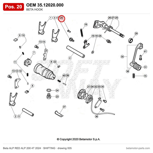 BETA HOOK – OEM 35.12020.000, position 20 on the Beta ALP RED ALP 200 4T 2024 shifting drawing