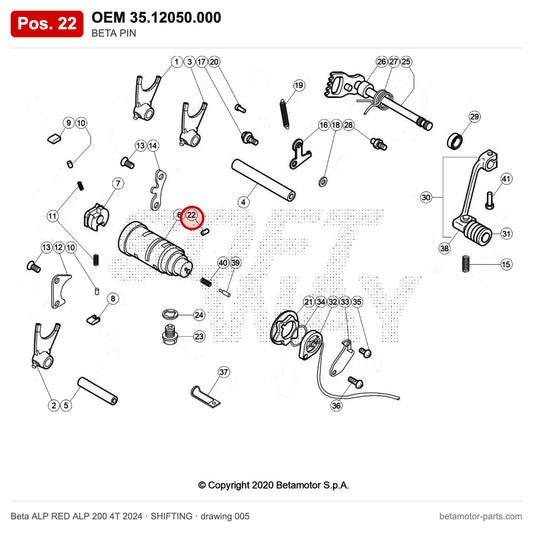 BETA PIN – OEM 35.12050.000, position 22 on the Beta ALP RED ALP 200 4T 2024 shifting drawing