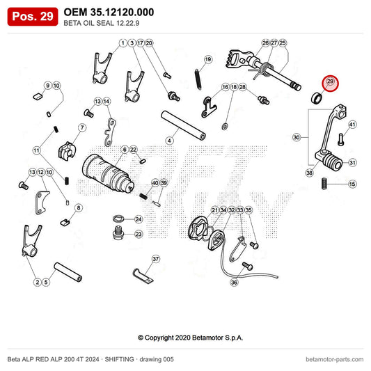 BETA OIL SEAL 12.22.9 – OEM 35.12120.000, position 29 on the Beta ALP RED ALP 200 4T 2024 shifting drawing