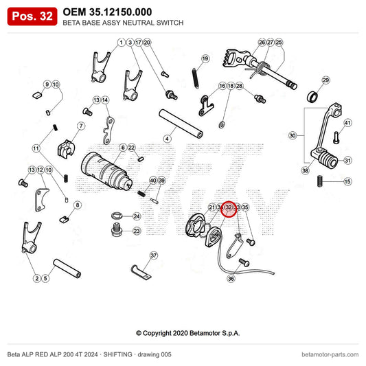 BETA BASE ASSY NEUTRAL SWITCH – OEM 35.12150.000, position 32 on the Beta ALP RED ALP 200 4T 2024 shifting drawing