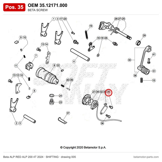 BETA SCREW – OEM 35.12171.000, position 35 on the Beta ALP RED ALP 200 4T 2024 shifting drawing