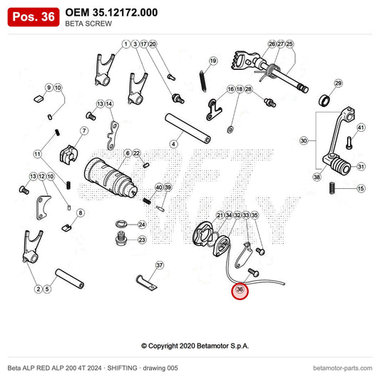 BETA SCREW – OEM 35.12172.000, position 36 on the Beta ALP RED ALP 200 4T 2024 shifting drawing