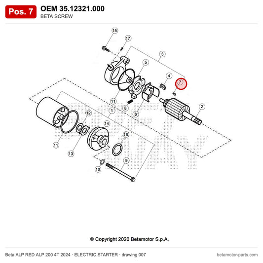 BETA SCREW – OEM 35.12321.000, position 7 on the Beta ALP RED ALP 200 4T 2024 elettricstarter drawing