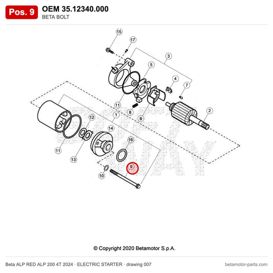 BETA BOLT – OEM 35.12340.000, position 9 on the Beta ALP RED ALP 200 4T 2024 elettricstarter drawing