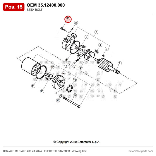 BETA BOLT – OEM 35.12400.000, position 15 on the Beta ALP RED ALP 200 4T 2024 elettricstarter drawing