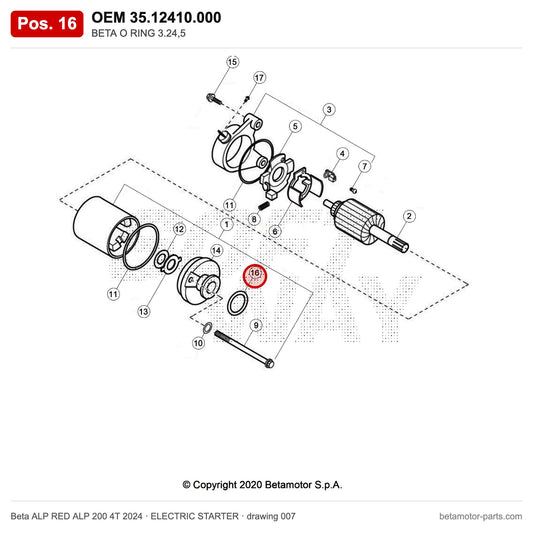 BETA O RING 3.24,5 – OEM 35.12410.000, position 16 on the Beta ALP RED ALP 200 4T 2024 elettricstarter drawing