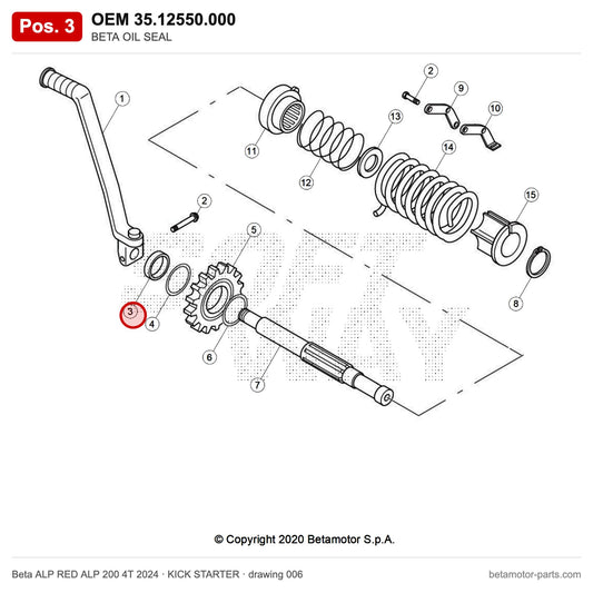 BETA OIL SEAL – OEM 35.12550.000, position 3 on the Beta ALP RED ALP 200 4T 2024 kick starter drawing
