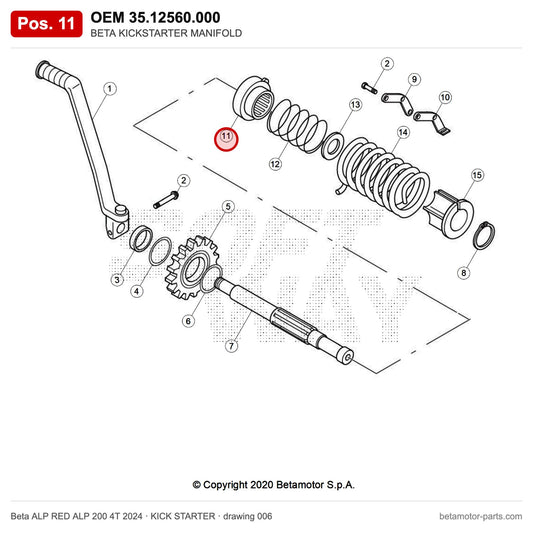BETA KICKSTARTER MANIFOLD – OEM 35.12560.000, position 11 on the Beta ALP RED ALP 200 4T 2024 kick starter drawing