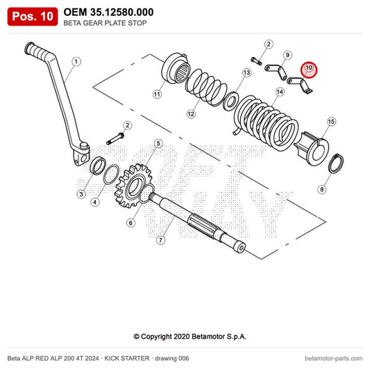 BETA GEAR PLATE STOP – OEM 35.12580.000, position 10 on the Beta ALP RED ALP 200 4T 2024 kick starter drawing
