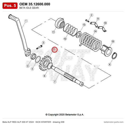 BETA IDLE GEAR – OEM 35.12600.000, position 5 on the Beta ALP RED ALP 200 4T 2024 kick starter drawing