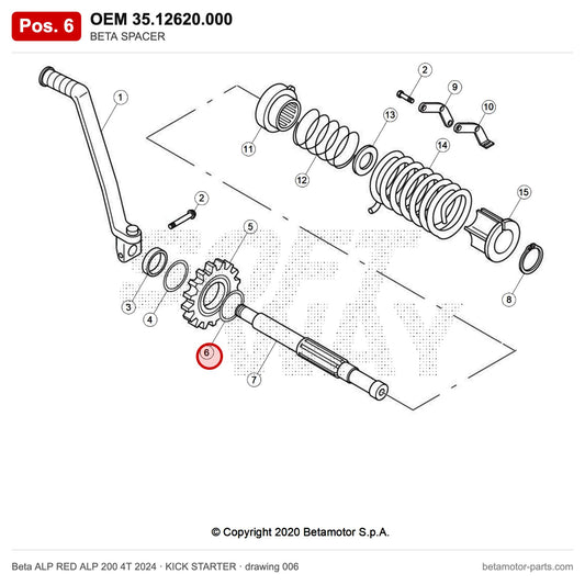 BETA SPACER – OEM 35.12620.000, position 6 on the Beta ALP RED ALP 200 4T 2024 kick starter drawing