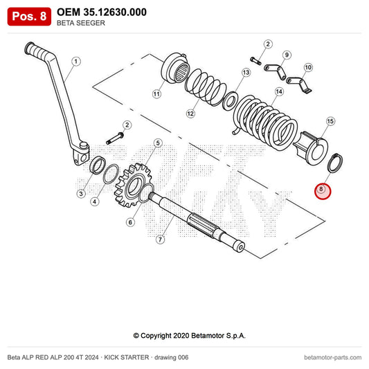 BETA SEEGER – OEM 35.12630.000, position 8 on the Beta ALP RED ALP 200 4T 2024 kick starter drawing