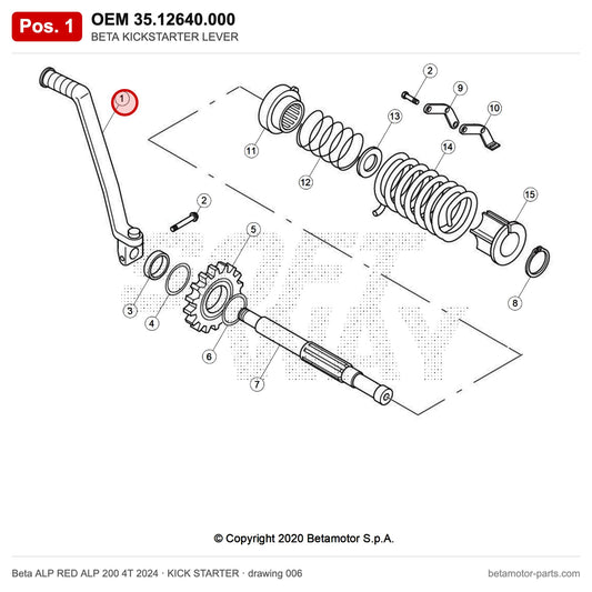 BETA KICKSTARTER LEVER – OEM 35.12640.000, position 1 on the Beta ALP RED ALP 200 4T 2024 kick starter drawing