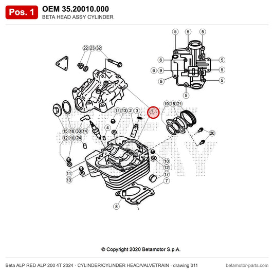 BETA HEAD ASSY CYLINDER – OEM 35.20010.000, position 1 on the Beta ALP RED ALP 200 4T 2024 cylinder/cylinder head/valvetrain drawing