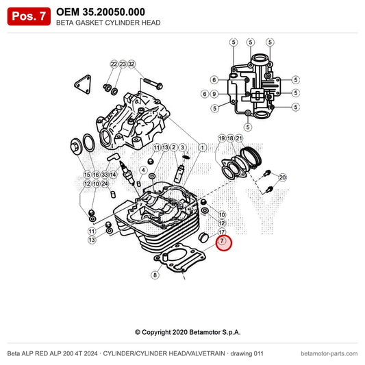 BETA GASKET CYLINDER HEAD – OEM 35.20050.000, position 7 on the Beta ALP RED ALP 200 4T 2024 cylinder/cylinder head/valvetrain drawing