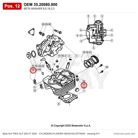 BETA WASHER 8,5.19.2,3 – OEM 35.20080.000, position 12 on the Beta ALP RED ALP 200 4T 2024 cylinder/cylinder head/valvetrain drawing