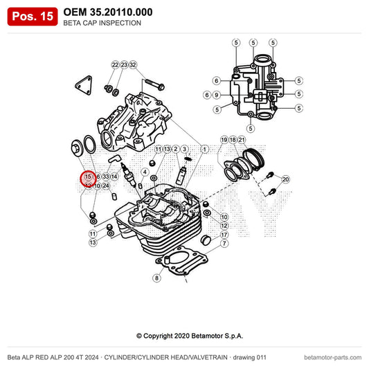 BETA CAP INSPECTION – OEM 35.20110.000, position 15 on the Beta ALP RED ALP 200 4T 2024 cylinder/cylinder head/valvetrain drawing