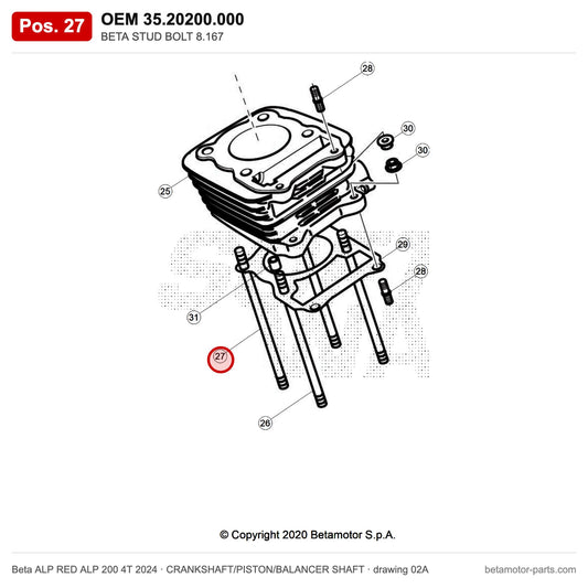 BETA STUD BOLT 8.167 – OEM 35.20200.000, position 27 on the Beta ALP RED ALP 200 4T 2024 crankshaft/piston/balancer shaft drawing