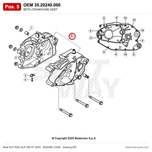 BETA CRANKCASE ASSY – OEM 35.20240.000, position 5 on the Beta ALP RED ALP 200 4T 2024 engine case drawing