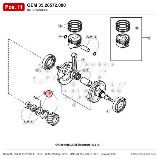 BETA WASHER – OEM 35.20572.000, position 11 on the Beta ALP RED ALP 200 4T 2024 crankshaft/piston/balancer shaft drawing