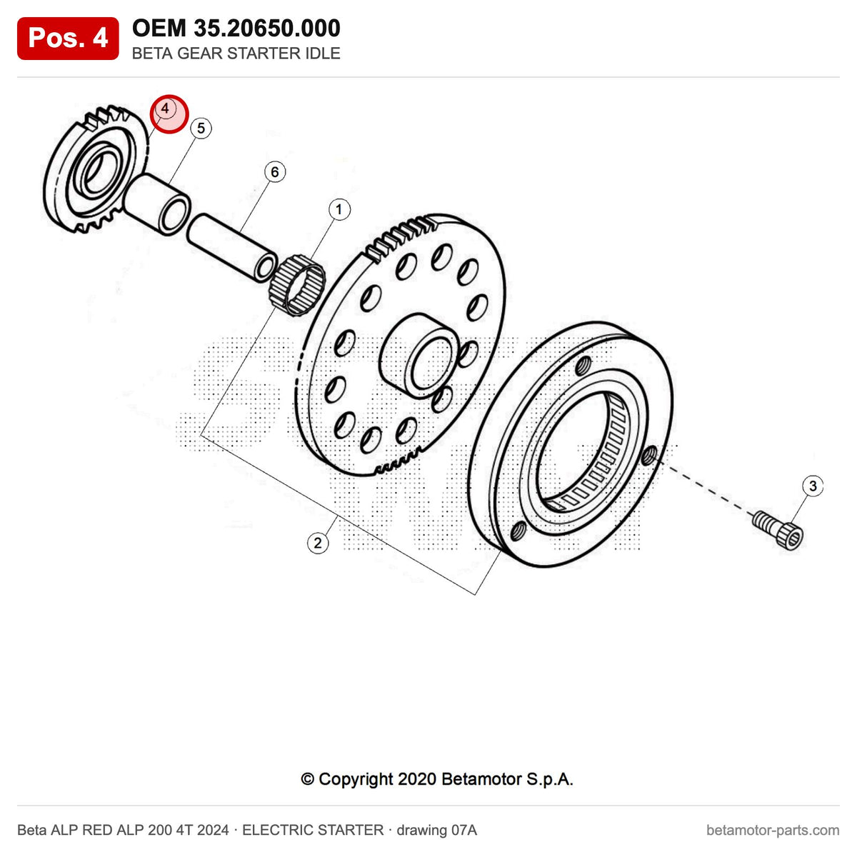 BETA GEAR STARTER IDLE – OEM 35.20650.000, position 4 on the Beta ALP RED ALP 200 4T 2024 elettricstarter drawing