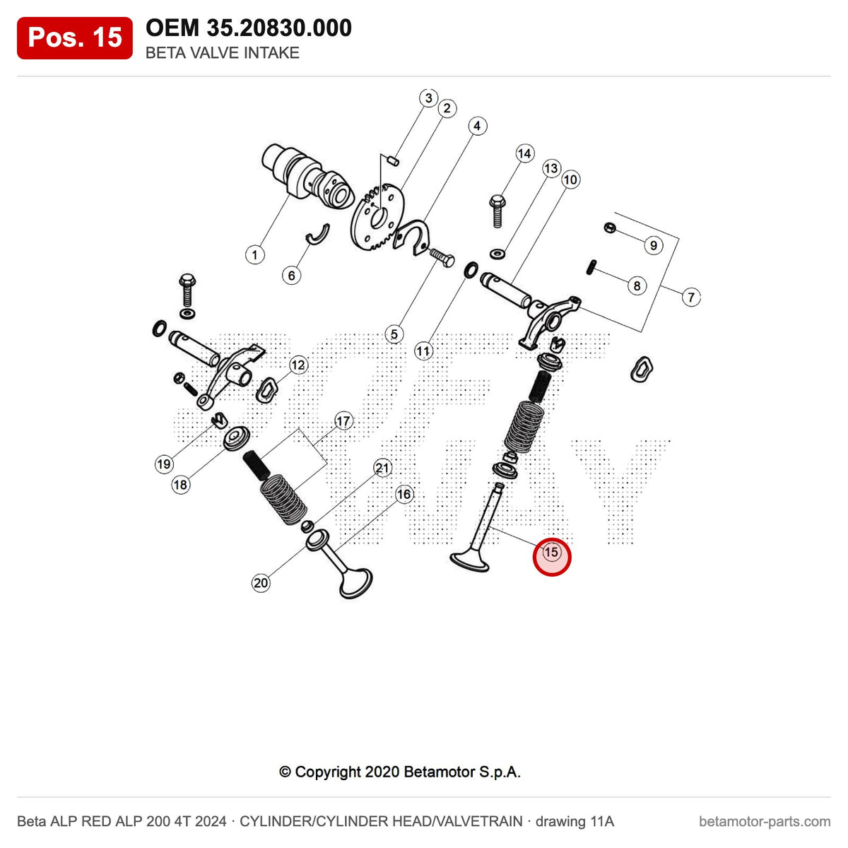 BETA VALVE INTAKE – OEM 35.20830.000, position 15 on the Beta ALP RED ALP 200 4T 2024 cylinder/cylinder head/valvetrain drawing