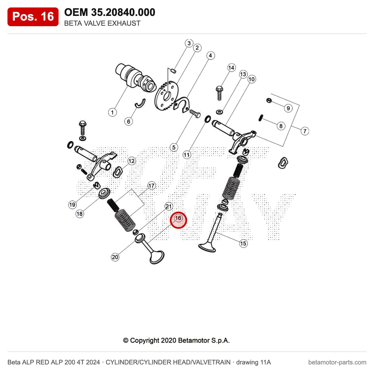 BETA VALVE EXHAUST – OEM 35.20840.000, position 16 on the Beta ALP RED ALP 200 4T 2024 cylinder/cylinder head/valvetrain drawing
