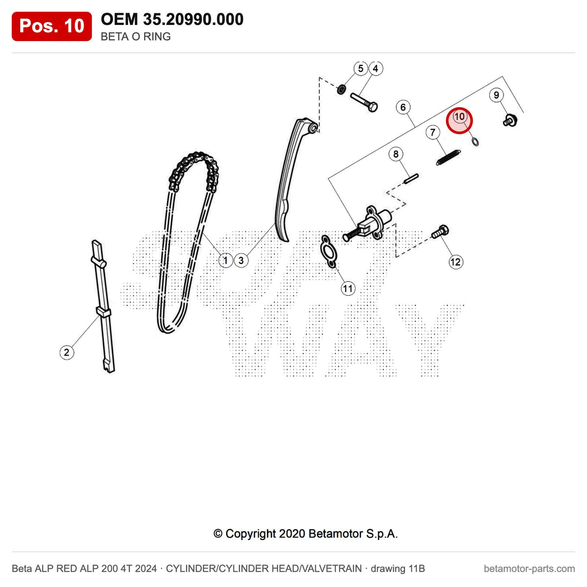 BETA O RING – OEM 35.20990.000, position 10 on the Beta ALP RED ALP 200 4T 2024 cylinder/cylinder head/valvetrain drawing