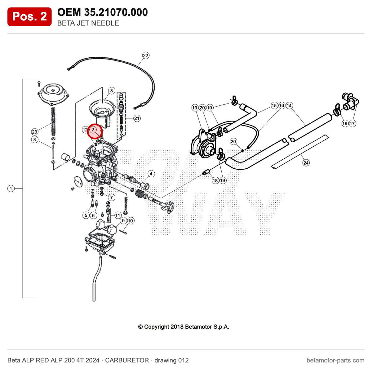BETA JET NEEDLE – OEM 35.21070.000, position 2 on the Beta ALP RED ALP 200 4T 2024 carburetor drawing