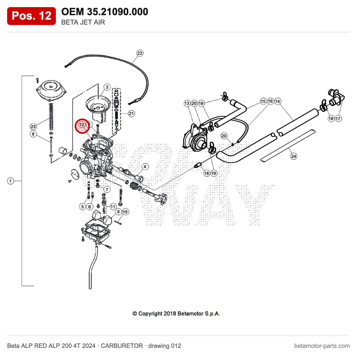 BETA JET AIR – OEM 35.21090.000, position 12 on the Beta ALP RED ALP 200 4T 2024 carburetor drawing