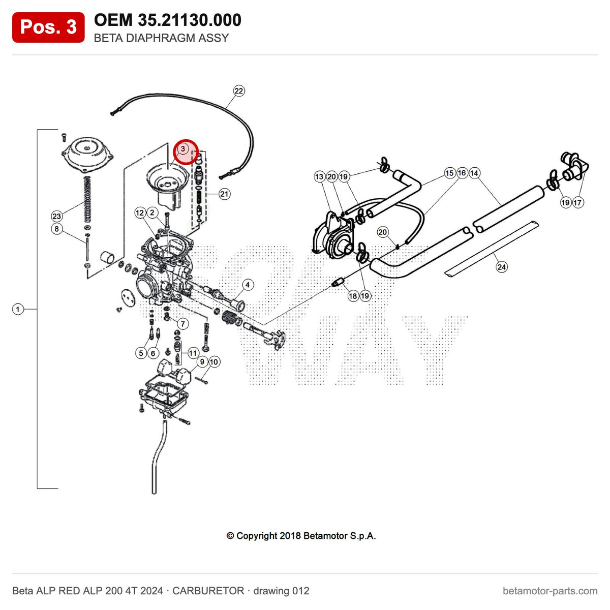 BETA DIAPHRAGM ASSY – OEM 35.21130.000, position 3 on the Beta ALP RED ALP 200 4T 2024 carburetor drawing