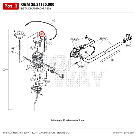 BETA DIAPHRAGM ASSY – OEM 35.21130.000, position 3 on the Beta ALP RED ALP 200 4T 2024 carburetor drawing