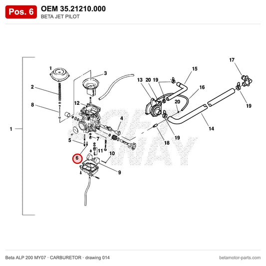 BETA JET PILOT – OEM 35.21210.000, shown on the Beta ALP 200 MY07 carburetor drawing