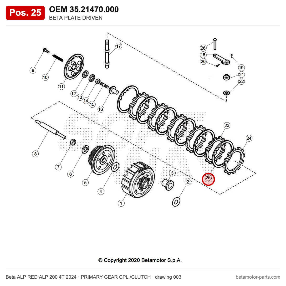 BETA PLATE DRIVEN – OEM 35.21470.000, position 25 on the Beta ALP RED ALP 200 4T 2024 primary gear cpl./clutch drawing