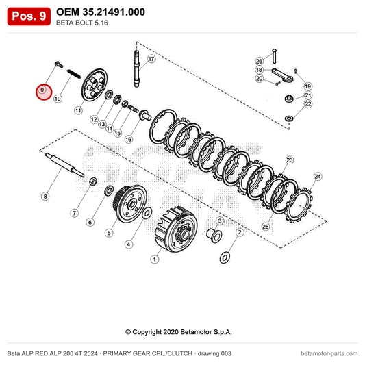 BETA BOLT 5.16 – OEM 35.21491.000, position 9 on the Beta ALP RED ALP 200 4T 2024 primary gear cpl./clutch drawing