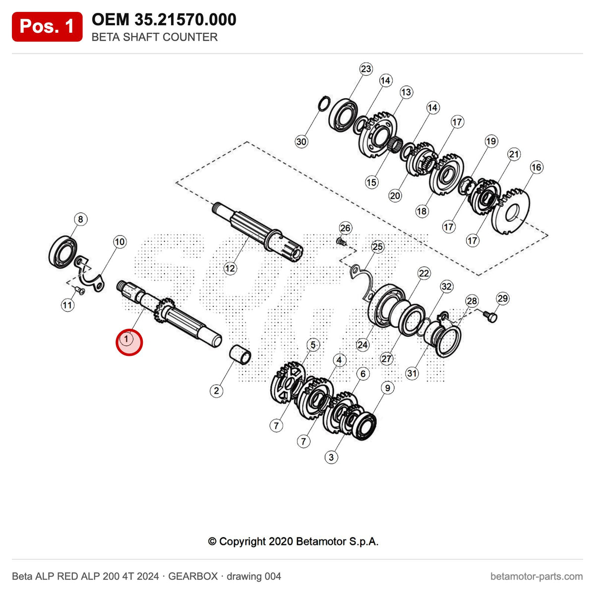 BETA SHAFT COUNTER – OEM 35.21570.000, position 1 on the Beta ALP RED ALP 200 4T 2024 gearbox drawing