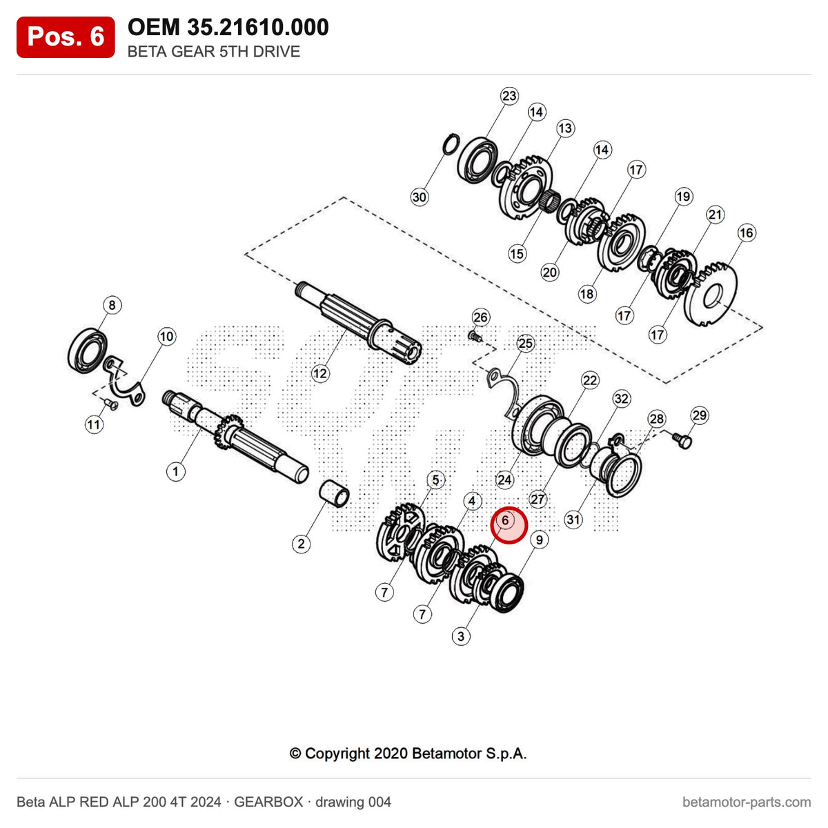 BETA GEAR 5TH DRIVE – OEM 35.21610.000, position 6 on the Beta ALP RED ALP 200 4T 2024 gearbox drawing