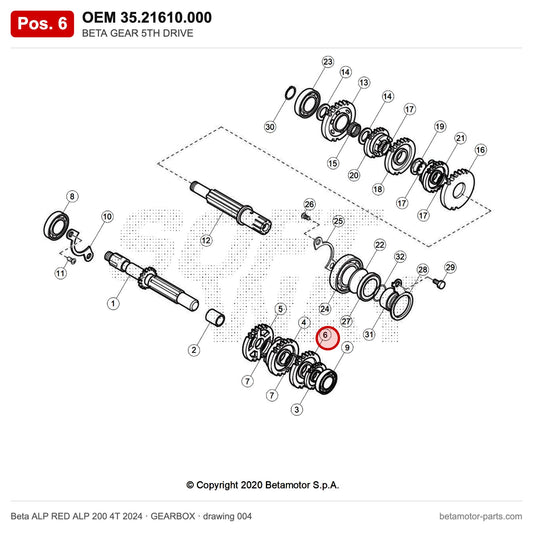 BETA GEAR 5TH DRIVE – OEM 35.21610.000, position 6 on the Beta ALP RED ALP 200 4T 2024 gearbox drawing