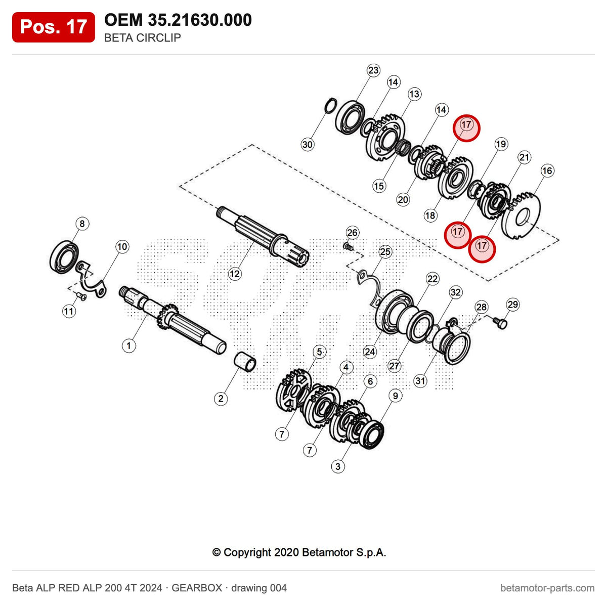 BETA CIRCLIP – OEM 35.21630.000, position 17 on the Beta ALP RED ALP 200 4T 2024 gearbox drawing