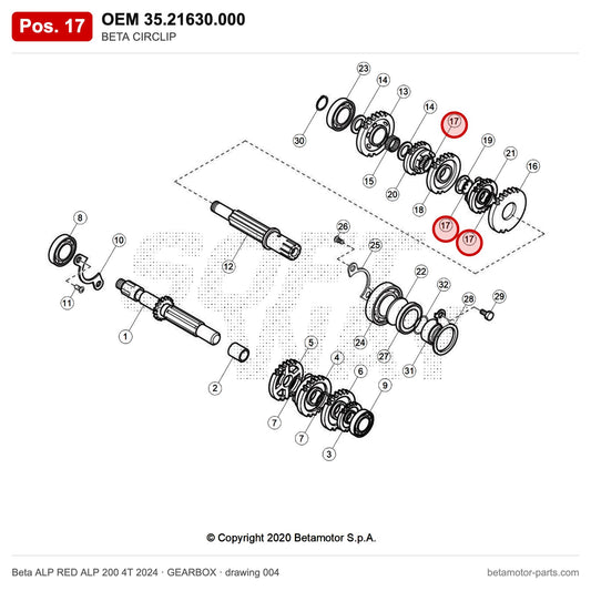 BETA CIRCLIP – OEM 35.21630.000, position 17 on the Beta ALP RED ALP 200 4T 2024 gearbox drawing