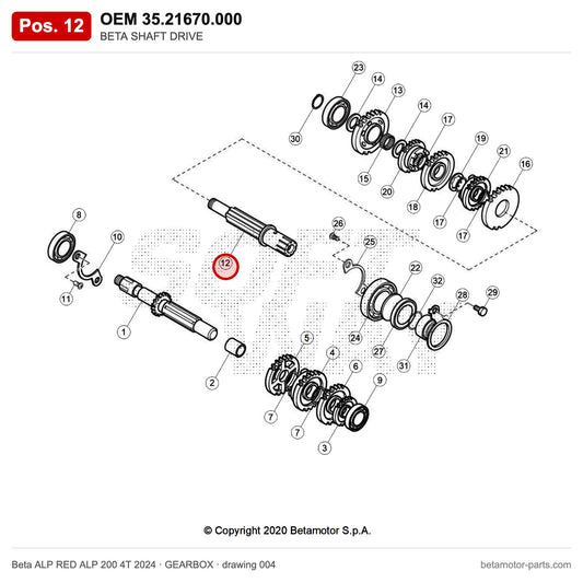 BETA SHAFT DRIVE – OEM 35.21670.000, position 12 on the Beta ALP RED ALP 200 4T 2024 gearbox drawing