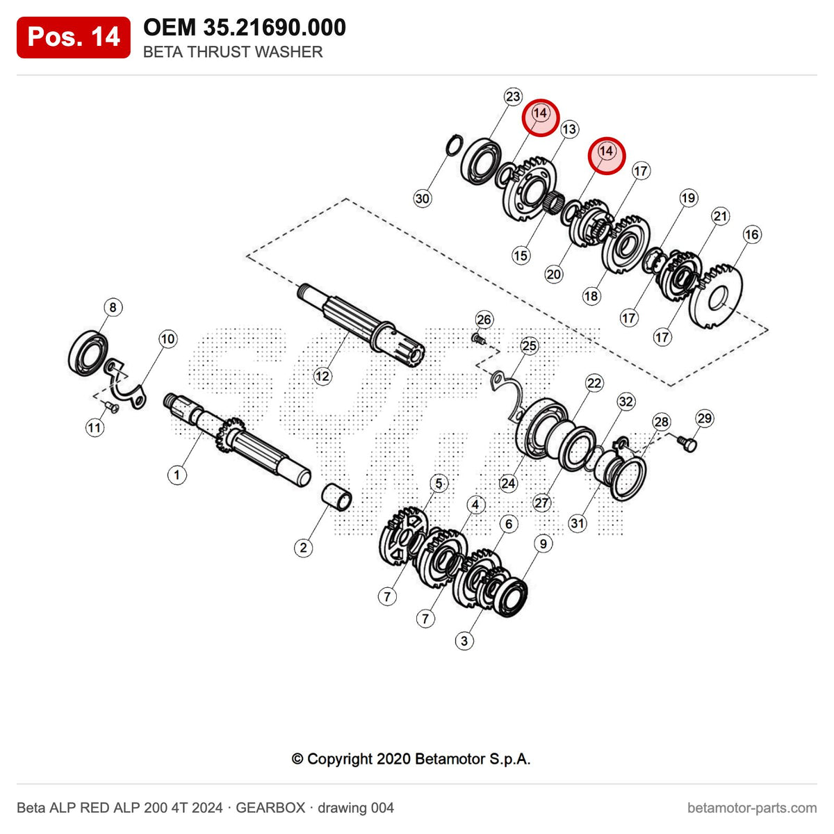 BETA THRUST WASHER – OEM 35.21690.000, position 14 on the Beta ALP RED ALP 200 4T 2024 gearbox drawing