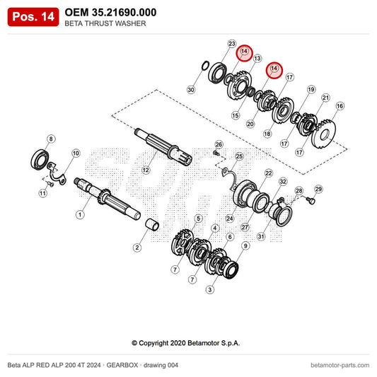 BETA THRUST WASHER – OEM 35.21690.000, position 14 on the Beta ALP RED ALP 200 4T 2024 gearbox drawing
