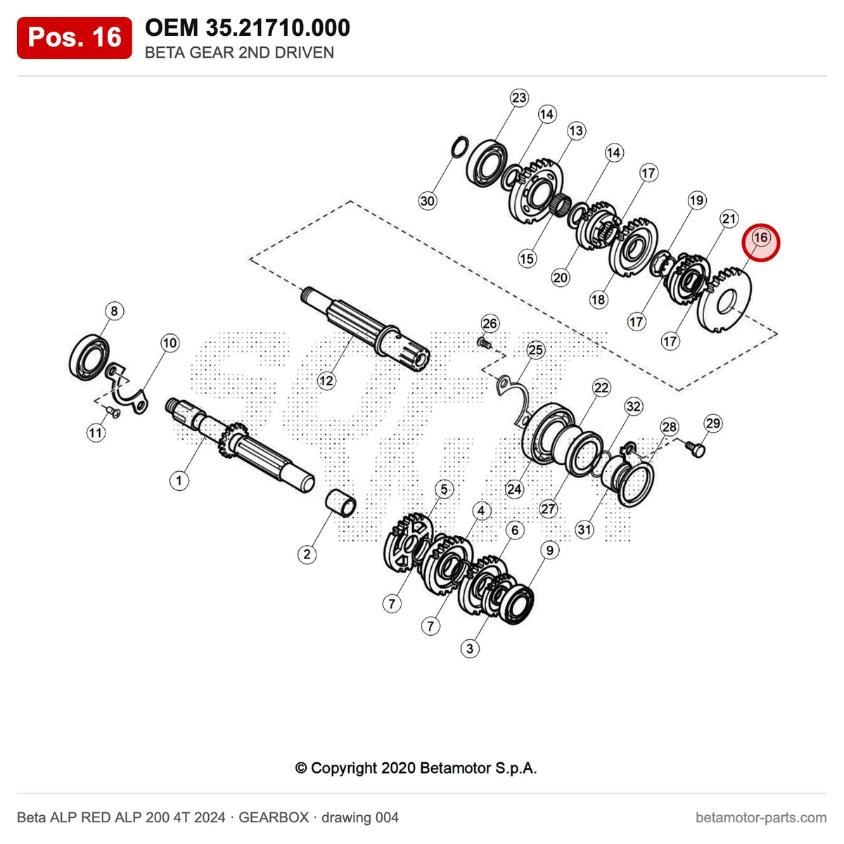 BETA GEAR 2ND DRIVEN – OEM 35.21710.000, position 16 on the Beta ALP RED ALP 200 4T 2024 gearbox drawing
