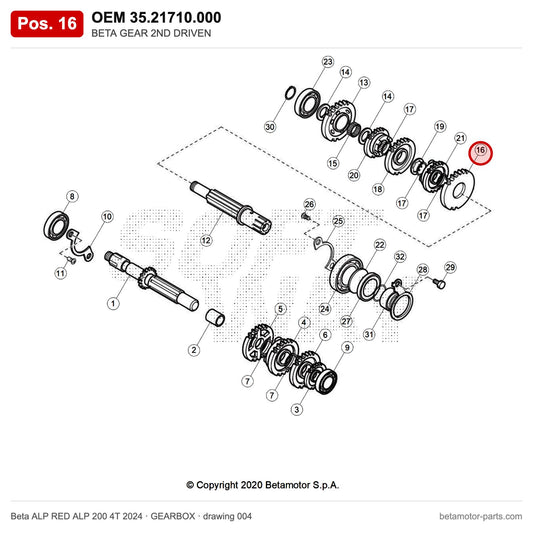 BETA GEAR 2ND DRIVEN – OEM 35.21710.000, position 16 on the Beta ALP RED ALP 200 4T 2024 gearbox drawing